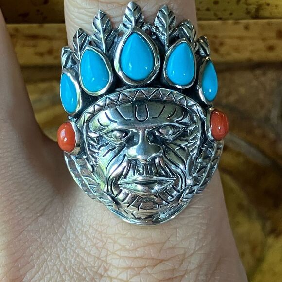 Artisan Crafted Turquoise Indian Chief Ring Size 10 - Picture 1 of 9